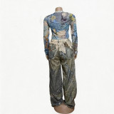 Summer Women's Casual Printed Stretch Mesh Long Sleeve Top & Denim Pants Two-Piece Set