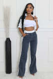 Women's Denim Contrast Color Stand Collar Zip Top & Wide Leg Pants Two-Piece Set