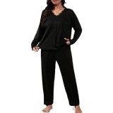 Autumn Women's Plus Size Lace Patchwork V-Neck Long Sleeve Pajama Lounge Set