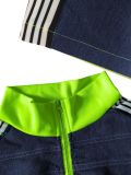 Women's Denim Contrast Color Stand Collar Zip Top & Wide Leg Pants Two-Piece Set