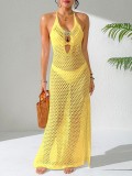 Women's Halter Neck Lace-Up Low Back Knitted Slim Waist Metal Flower Beach Long Dress