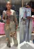 Summer Women's Casual Printed Stretch Mesh Long Sleeve Top & Denim Pants Two-Piece Set