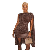 Spring/Summer Women's Polka Dot Print Mesh Cape Sleeve Ruched Bodycon Dress