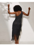 Women's Slash Shoulder Sequin Fringe See-Through Mesh Asymmetrical Midi Dress