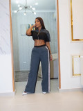 Women's Denim Contrast Color Stand Collar Zip Top & Wide Leg Pants Two-Piece Set