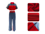Women's Denim Contrast Color Stand Collar Zip Top & Wide Leg Pants Two-Piece Set