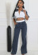 Women's Denim Contrast Color Stand Collar Zip Top & Wide Leg Pants Two-Piece Set