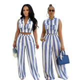 Women's Career Color Block Striped Tank Top Sleeveless Turndown Collar Shirt & High Waist Wide Leg Pants Two-Piece Set
