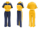 Women's Denim Contrast Color Stand Collar Zip Top & Wide Leg Pants Two-Piece Set