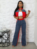 Women's Denim Contrast Color Stand Collar Zip Top & Wide Leg Pants Two-Piece Set