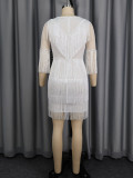 Women's Sexy White See-Through Beaded Fringe V-Neck Formal Party Dress