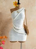 Summer Women's Textured Pleated One-Shoulder Side Lace-Up Bodycon Mini Dress
