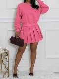 Women's Casual Long Sleeve Pullover Top & Ruched Mini Skirt Two-Piece Set