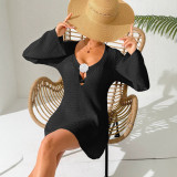 Women's Sexy Deep V Hollow Bell Sleeve Crochet Beach Cover-Up Dress