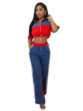 Women's Denim Contrast Color Stand Collar Zip Top & Wide Leg Pants Two-Piece Set