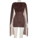 Spring/Summer Women's Polka Dot Print Mesh Cape Sleeve Ruched Bodycon Dress