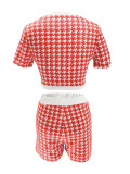 Women's Fashion Houndstooth Short Sleeve Tight Fitting Top & Shorts Set