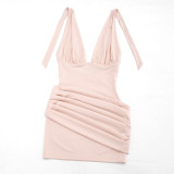 Summer Women's Halter Neck Lace-Up Low Back Patchwork Ruched Bodycon Dress