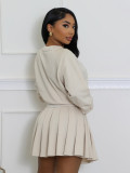 Women's Casual Long Sleeve Pullover Top & Ruched Mini Skirt Two-Piece Set