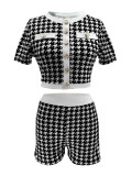 Women's Fashion Houndstooth Short Sleeve Tight Fitting Top & Shorts Set