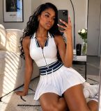 Summer Women's Turndown Collar Zip Tight Fitting Top & Pleated Skort Two-Piece Set