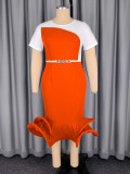 Women's Slim Fit Color Block Patchwork Short Sleeve Belted Mermaid Dress