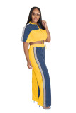 Women's Denim Contrast Color Stand Collar Zip Top & Wide Leg Pants Two-Piece Set