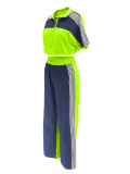 Women's Denim Contrast Color Stand Collar Zip Top & Wide Leg Pants Two-Piece Set