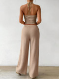 Summer Women's Knot Halter Neck Low Back Top & Pocket Wide Leg Pants Set