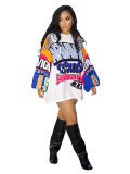 Women's Letter Print Color Block Long Sleeve Hooded T-Shirt Dress