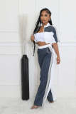Women's Denim Contrast Color Stand Collar Zip Top & Wide Leg Pants Two-Piece Set