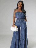 Women's Fashion Denim Elastic Waist Loose Strap Jumpsuit