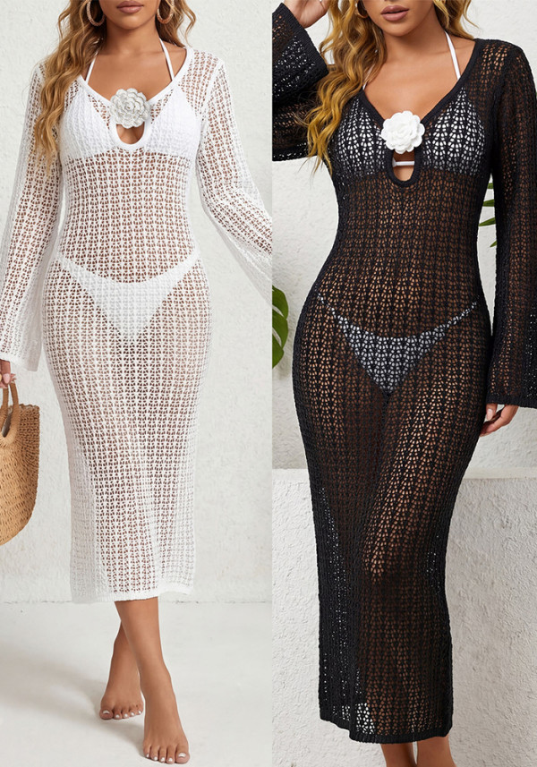 Women's See-Through Mesh Deep V-Neck Slim Beach Cover-Up Long Dress