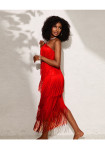 Women's Slash Shoulder Sequin Fringe See-Through Mesh Asymmetrical Midi Dress