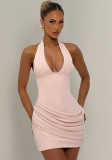 Summer Women's Halter Neck Lace-Up Low Back Patchwork Ruched Bodycon Dress