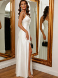 Women's Sexy Low Back High Slit A-Line Luxury Evening Gown Maxi Dress