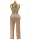 Summer Women's Knot Halter Neck Low Back Top & Pocket Wide Leg Pants Set