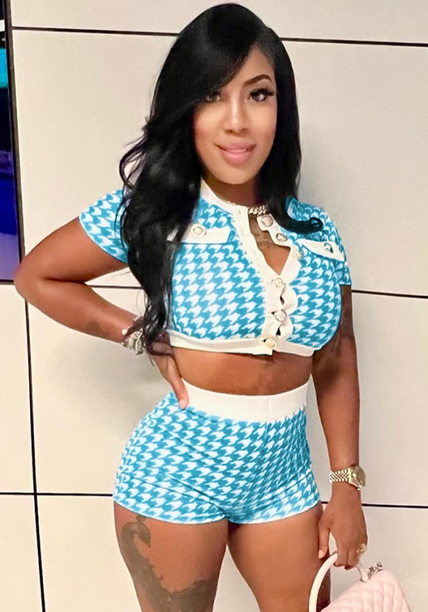 Women's Fashion Houndstooth Short Sleeve Tight Fitting Top & Shorts Set