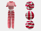 Women's Striped Round Neck Cropped T-Shirt & High Waist Wide Leg Pants Two-Piece Set