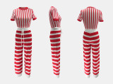Women's Striped Round Neck Cropped T-Shirt & High Waist Wide Leg Pants Two-Piece Set