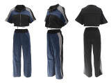 Women's Denim Contrast Color Stand Collar Zip Top & Wide Leg Pants Two-Piece Set