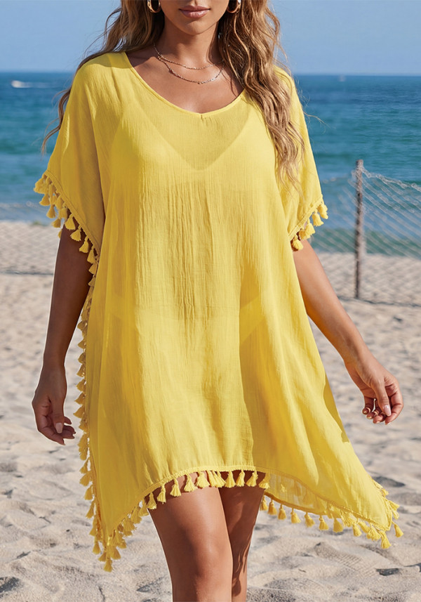 Women's Sexy Loose Fringe Patchwork See-Through Beach Cover-Up Dress