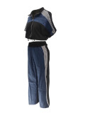 Women's Denim Contrast Color Stand Collar Zip Top & Wide Leg Pants Two-Piece Set