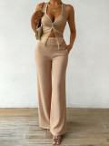 Summer Women's Knot Halter Neck Low Back Top & Pocket Wide Leg Pants Set