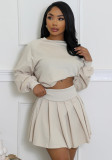 Women's Casual Long Sleeve Pullover Top & Ruched Mini Skirt Two-Piece Set