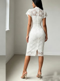 Summer Women's Chic Lace High Waist Slim Fit Short Sleeve Hollow Slit Dress