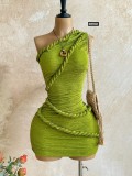 Summer Women's Textured Pleated One-Shoulder Side Lace-Up Bodycon Mini Dress