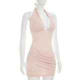 Summer Women's Halter Neck Lace-Up Low Back Patchwork Ruched Bodycon Dress