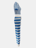 Women's Striped Round Neck Cropped T-Shirt & High Waist Wide Leg Pants Two-Piece Set