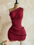 Summer Women's Textured Pleated One-Shoulder Side Lace-Up Bodycon Mini Dress